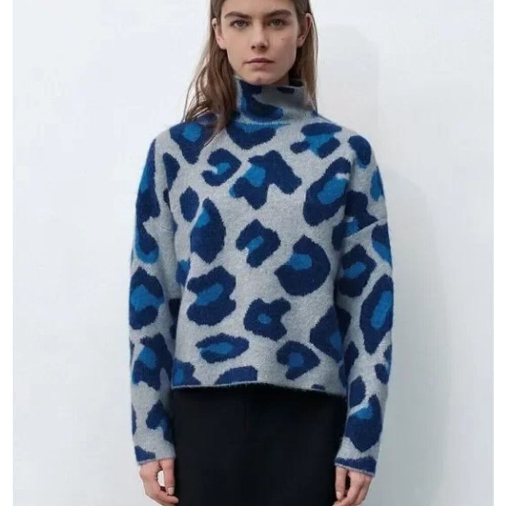 ZARA JACQUARD KNIT SWEATER blue leopard animal print turtleneck sz S